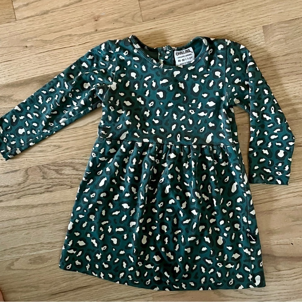 Carlijnq dress size 1-2 Y cheetah print turquoise black cream organic cotton